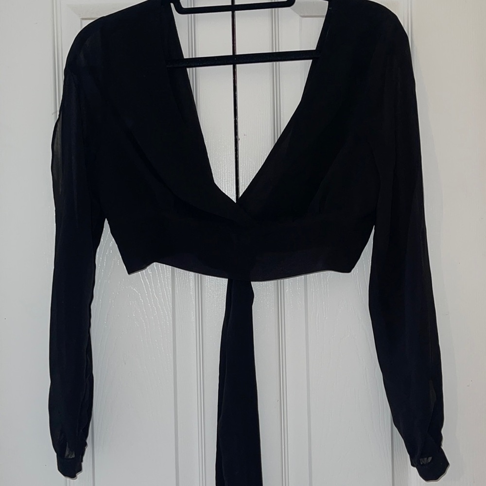 Black sheer crop long sleeve with tie back